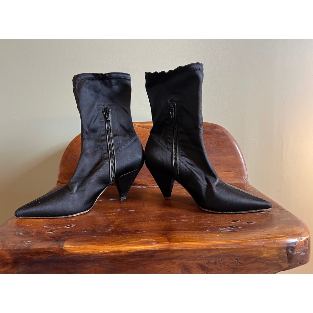 Steven by Steve Madden Black Satin Pointed‎ Toe Cone Heel Sock Boots Italy 39 - Picture 2 of 7